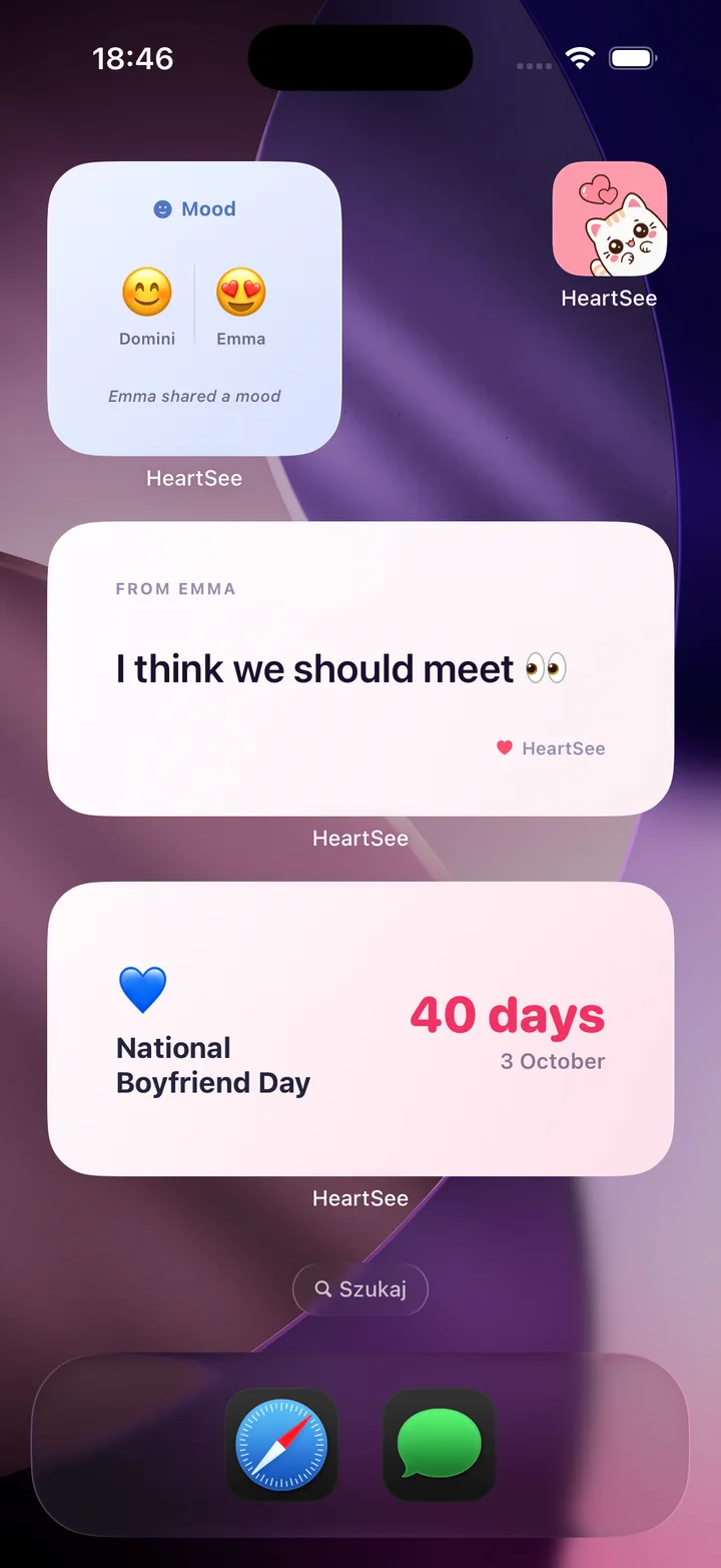 HeartSee iPhone Home Screen widgets showing partner moods, a note, and a relationship countdown