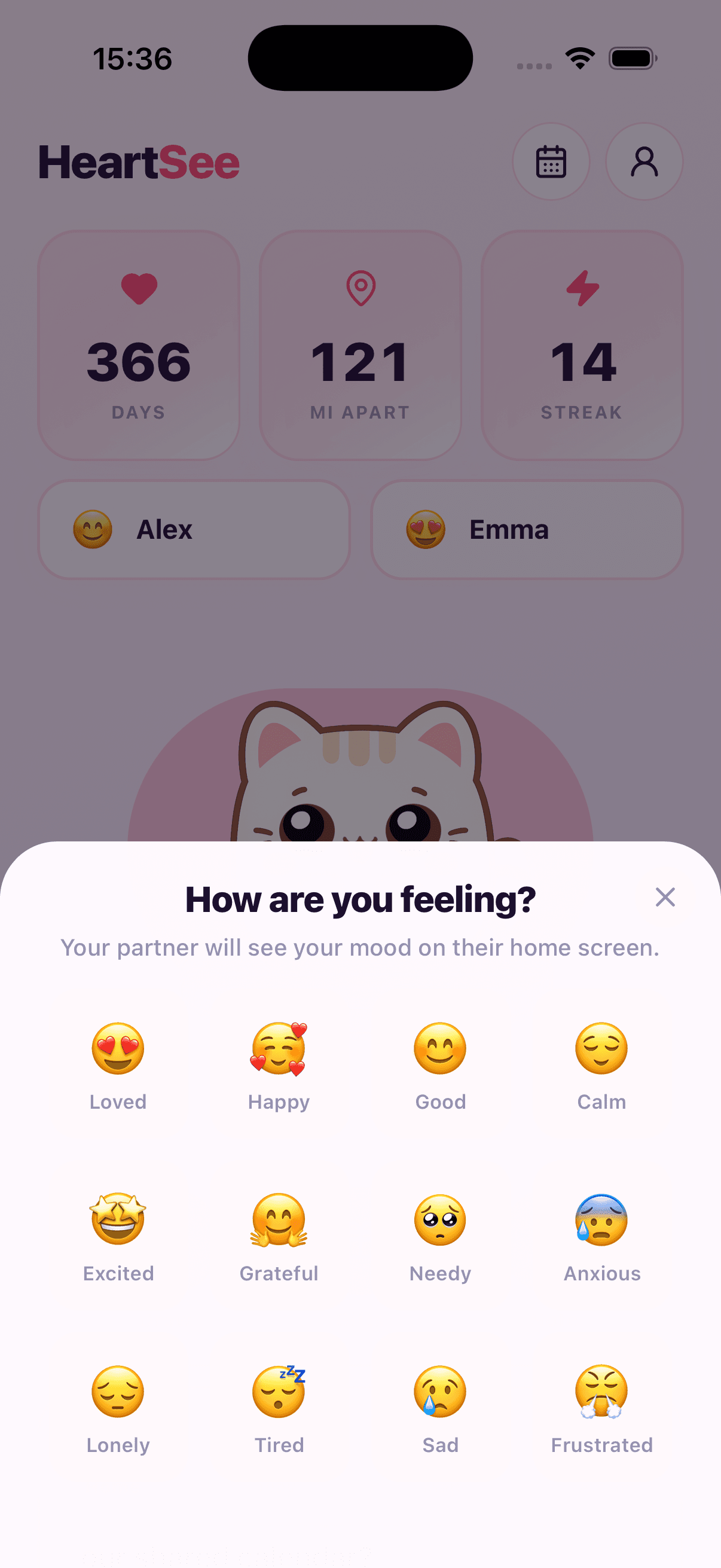 HeartSee mood picker with twelve feelings